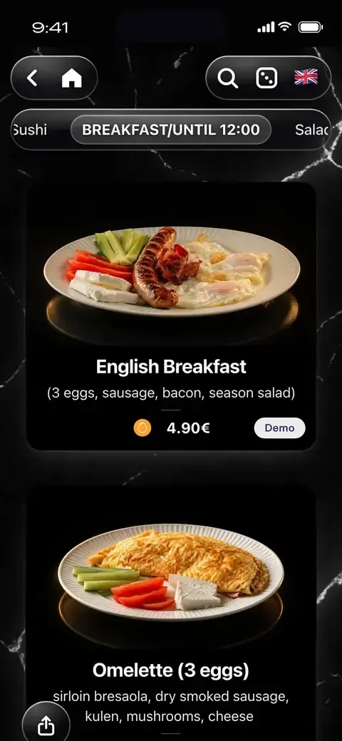 A restaurant menu on doXmenu: dish cards with photos, descriptions and prices